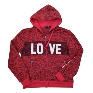 Bae Hesh Red Black Heathered Fleece LOVE Print Hooded Zip Up Jacket XL